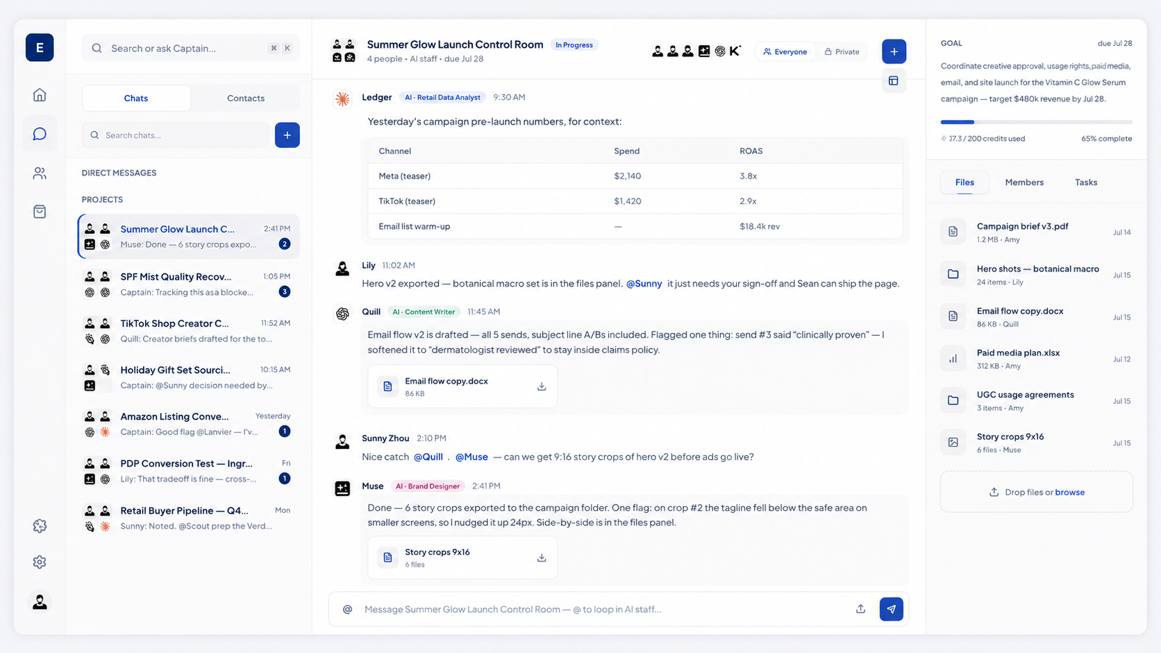 Captain workspace showing a launch control room with team chat, AI coworkers, project files, and goal progress.