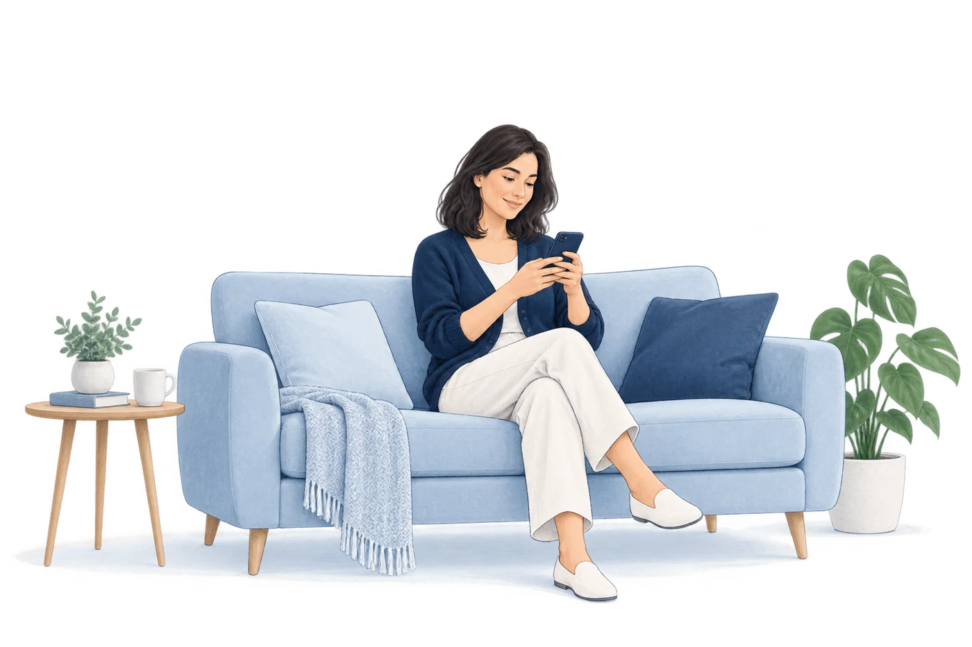 Editorial cartoon of a woman checking her phone on a blue sofa at home