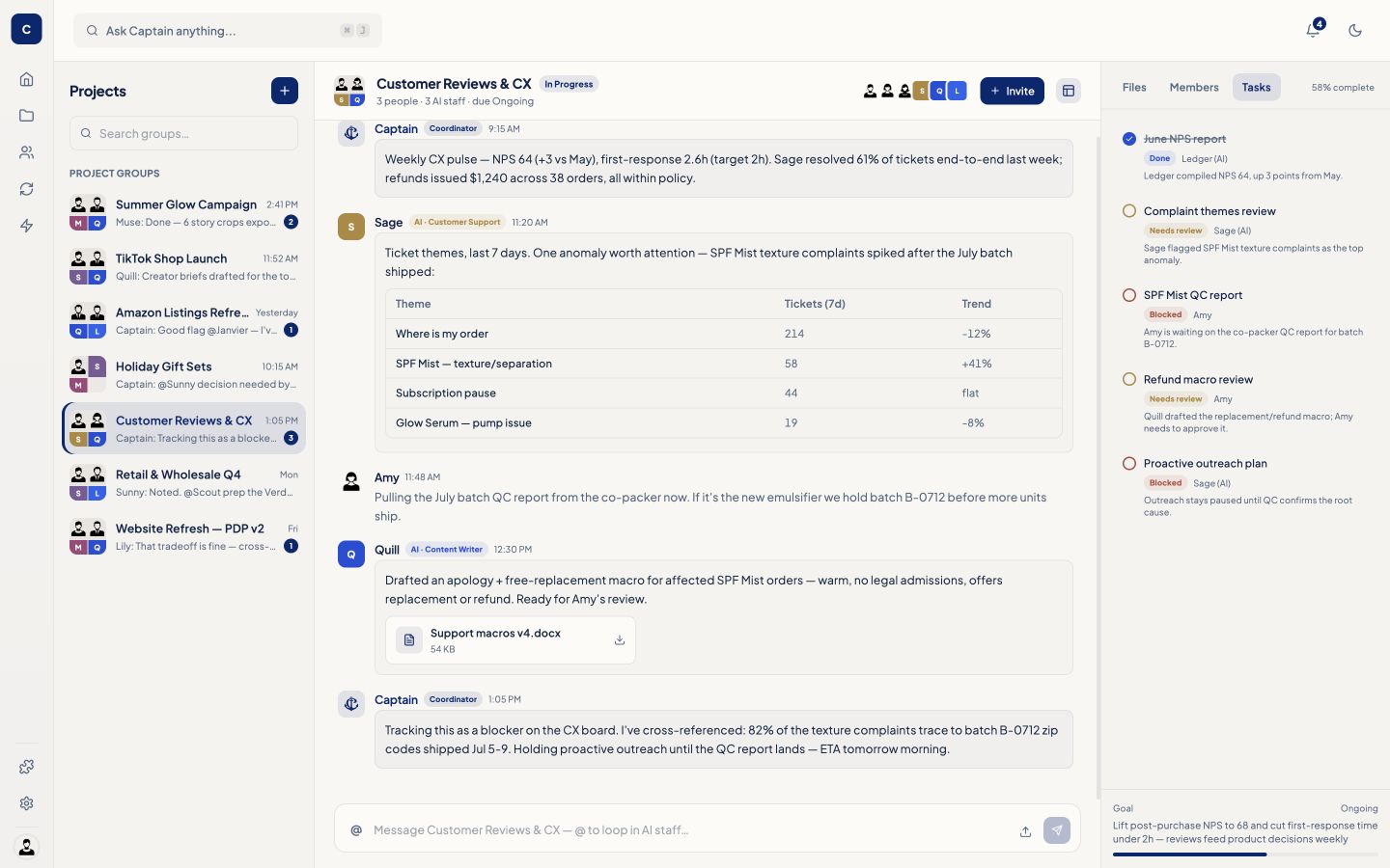 Captain Cockpit showing shared project rooms, AI coworkers in conversation, and skills, tasks, and approvals.